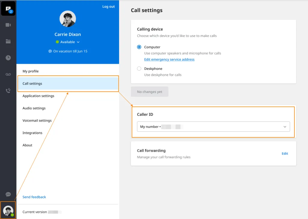 Sezione Caller ID nelle impostazioni di chiamata dell’app desktop EagleMercury