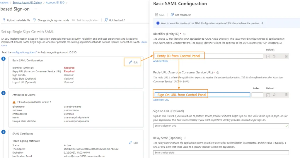 Sezione Configurazione SAML di base in Azure