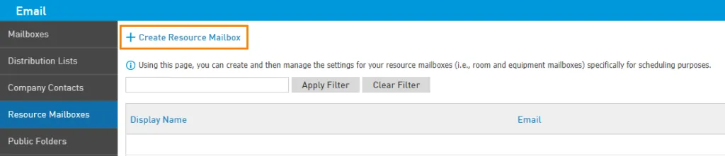 Pulsante Create Resource Mailbox